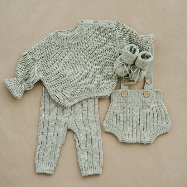 Newborn Coming Home Outfit | Baby Knit Sweater, Suspender Pants, Bloomers, Hat and Booties. Gender Neutral Gift Idea