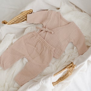 Baby Cotton Kimono Set: Muslin Shirt and Pants. Gender Neutral Newborn Coming Home Outfit