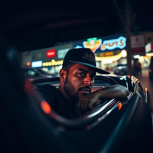 May include: A man wearing a black baseball cap with the word "Shielo" on it, looking out of a car window at night. The city lights are visible in the background.
