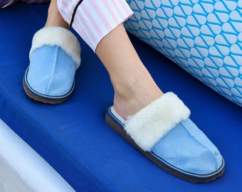 Light Blue Sheepskin Slippers: Suede Leather Ugg Style Home Shoes