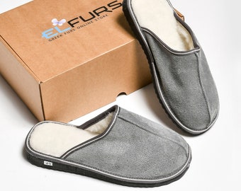 Gray Sheepskin Slippers: Men's Genuine Suede Leather Home Shoes
