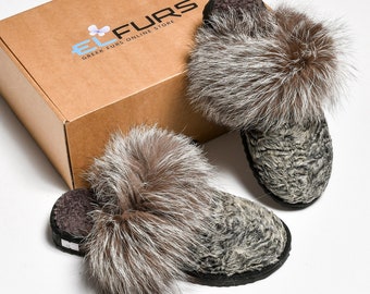 Gray Slippers Karakul Slippers Natural Fur Slippers Women's Slippers Astrakhan Slippers Fox Fur Trim Sheepskin Insole Merino Wool Lining