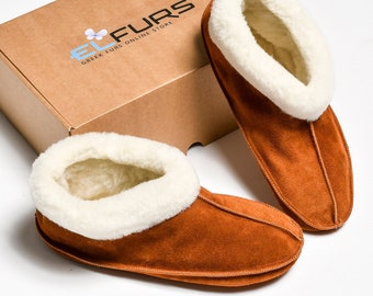 Cognac Sheepskin Slippers: Unisex Leather Indoor Boots