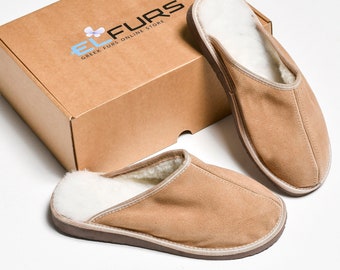 Beige Sheepskin Slippers: Men's Genuine Suede Leather Home Shoes