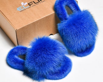Blue Arctic Fox Fur Sliders: Mink Fur Trim, Luxury Summer Shoes