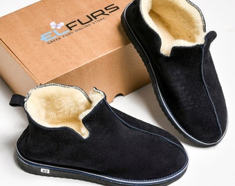 Dark Blue Sheepskin Slippers: Unisex Leather Indoor Boots