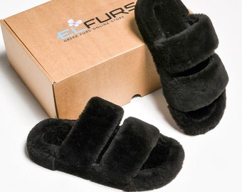 Black Beaver Fur Slides: Women's Leather-Lined Indoor/Outdoor Slippers