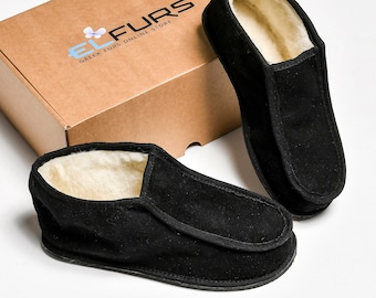 Black Leather Sheepskin Slippers: Unisex Indoor Barefoot Shoes