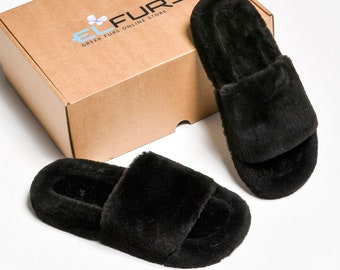 Black Beaver Fur Slides: Women's Leather-Lined Indoor/Outdoor Slippers