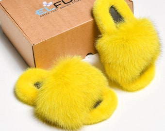 Yellow Arctic Fox Fur Sliders: Mink Fur Fashion Slippers