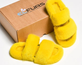 Yellow Mink Fur Sliders: Handmade Luxury Summer Shoes