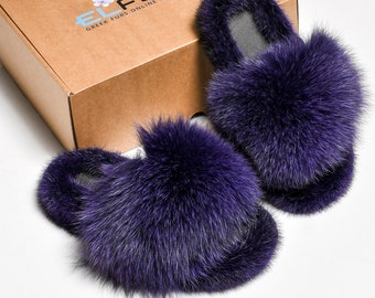 Purple Fur Sliders: Arctic Fox & Mink Luxury Slippers