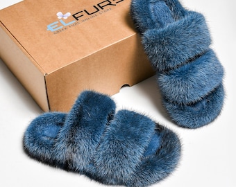 Ciabatte in pelliccia di visone denim: pantofole estive di lusso da donna