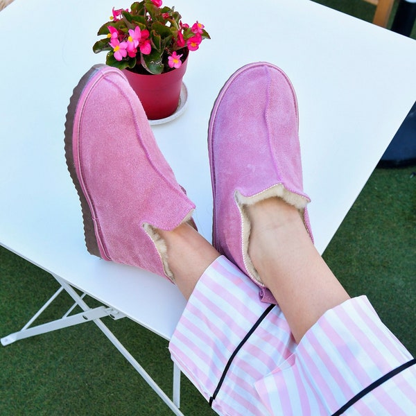 Pink Slippers Unisex Indoor Boots Leather Slippers Sheepskin Slippers Ugg Style Boots Warm Slippers Genuine Leather Handmade Home Shoes