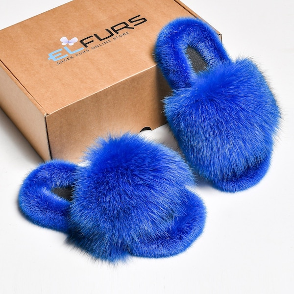 Women's Sliders Low-sole Sliders Polar Fox Fur Sliders Natural Mink Fur Fashion Slippers Blue Marin Sliders Comfortable Summer Luxury Shoes