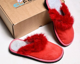 Red Leather Slippers: Rabbit Fur Trim, Sheepskin Insole