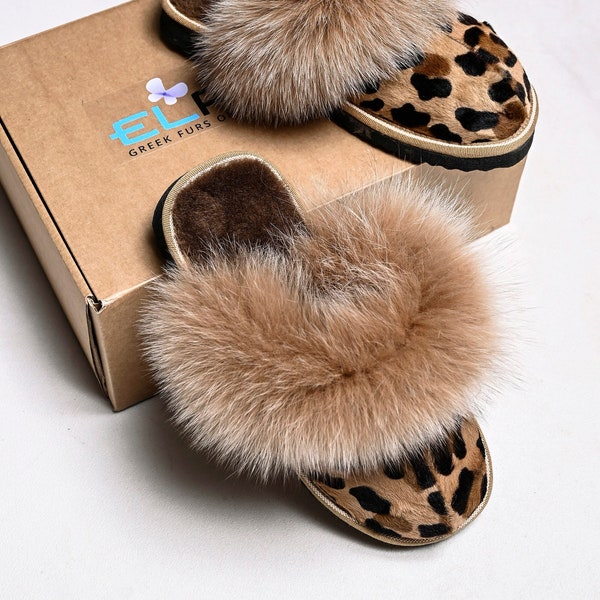 Multicolor Women's Pony Fur Slippers Flip Flops With Arctic Fox Fur Trim Non Slip Sole Warm Sheepskin Insole Warm Felted Wool Lining