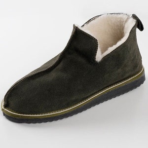 Kaki pantoffels Unisex indoorlaarzen Leren pantoffels Schapenvacht pantoffels Ugg-stijl laarzen Warme pantoffels Echt leer Handgemaakte huisschoenen