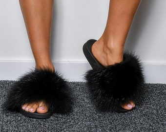 Schwarze Polar Fuchs Pelz Slider: Damen Luxus Sommer Sandalen
