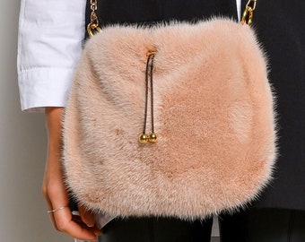 Pink Mink Fur Pouch Bag with Metal Chain