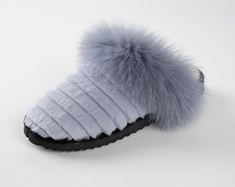 Light Blue Fur Slippers: Handmade Sheepskin & Rabbit Fur Home Shoes