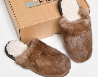 Mink Fur Slippers: Wool Lined, Non-Slip Sole