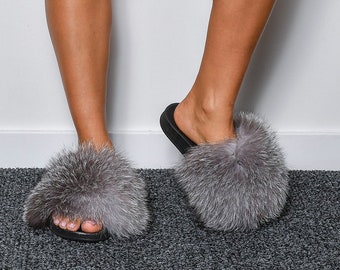 Silver Fox Fur Sliders: Women's Luxury Summer Sandals
