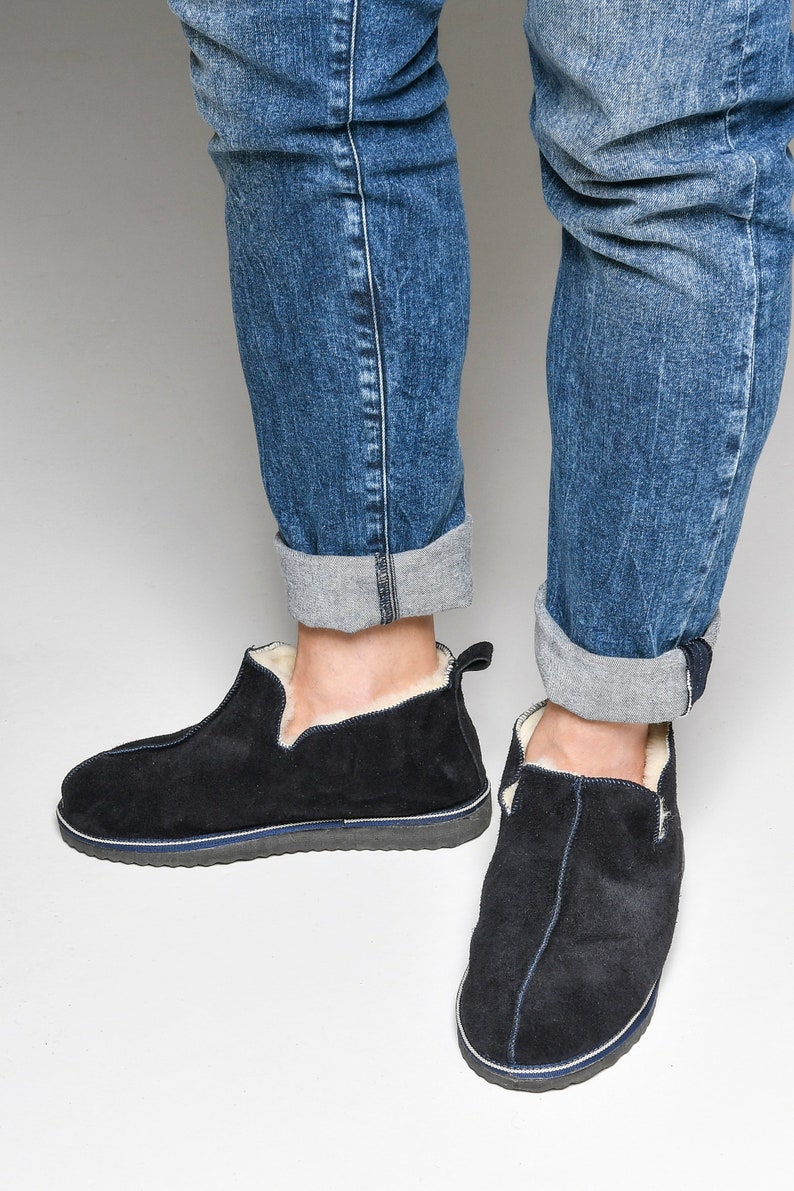 Dark Blue Slippers Unisex Indoor Boots Leather Slippers Sheepskin