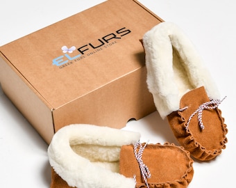 Brown Suede Moccasin Slippers: Sheepskin Wool Lining, Flexible Sole