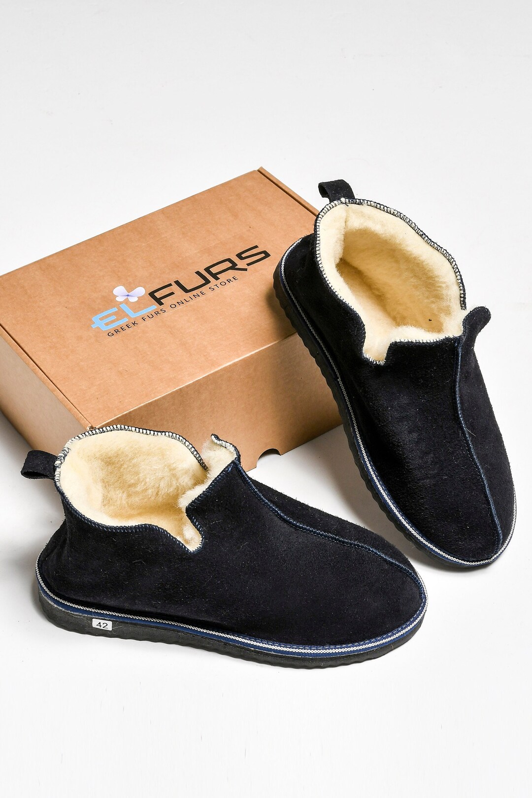 Dark Blue Slippers Unisex Indoor Boots Leather Slippers Sheepskin ...