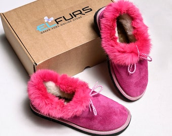 Fuchsia Leather Indoor Boots: Rabbit Fur Trim, Sheepskin Insole