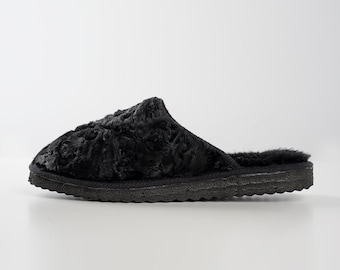 Black Karakul Fur Slippers: Men's Sheepskin Wool Lined