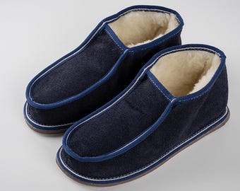 Dark Blue Leather Sheepskin Slippers: Unisex Indoor Boots