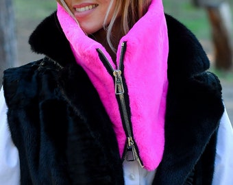 Pink Rex Rabbit Fur Snood, Lamb Leather Detail