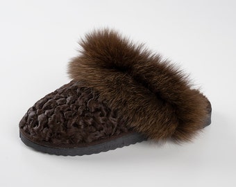 Karakul Fur Slippers: Fox Fur Trim, Sheepskin Insole