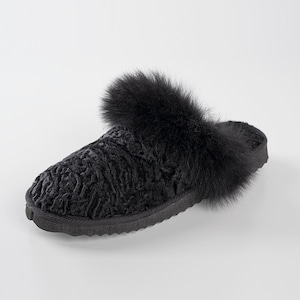 Pantoufles noires Pantoufles Karakul Pantoufles en fourrure naturelle Pantoufles pour femme Pantoufles en astrakan Fourrure de renard polaire en peau de mouton Semelle intérieure en laine mérinos