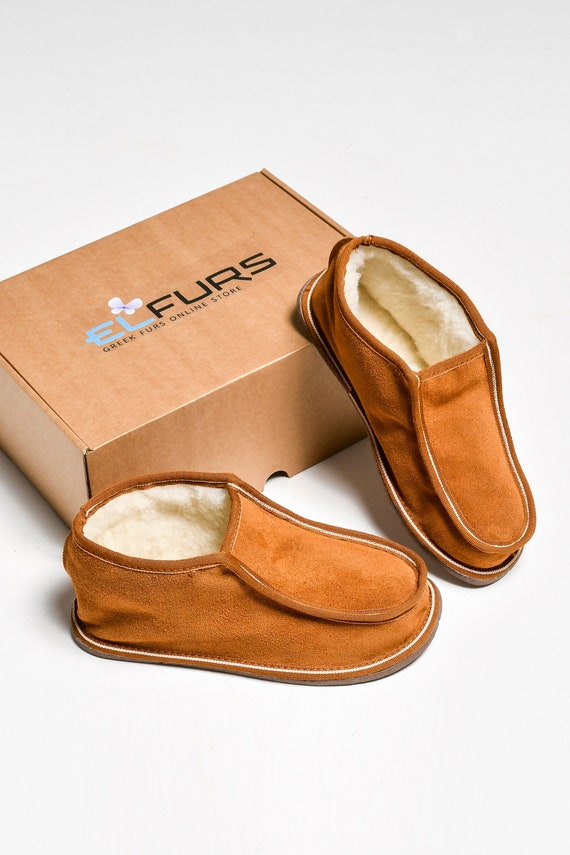 tobacco slipper Tobacco Leather Sheepskin Slippers: Unisex Indoor Boots