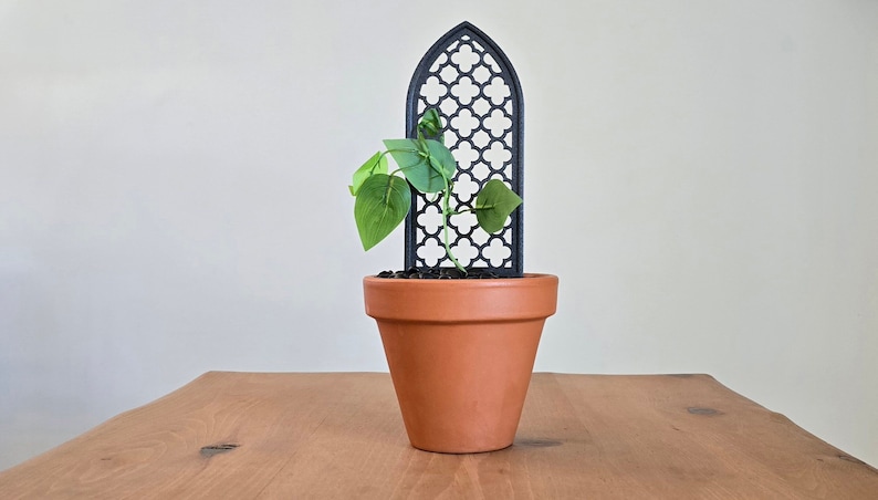 May include: A small potted plant with green leaves growing up a black metal trellis with a decorative design. The plant is in a terracotta pot.