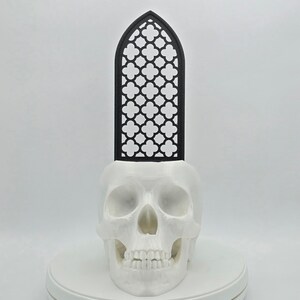 May include: A white skull planter with a black geometric design on top. The planter is made of ceramic and has a smooth finish.