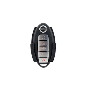 May include: A black car key fob with a silver Nissan logo and five buttons. The buttons are labeled with icons for unlock, lock, trunk, panic, and a car with a key.