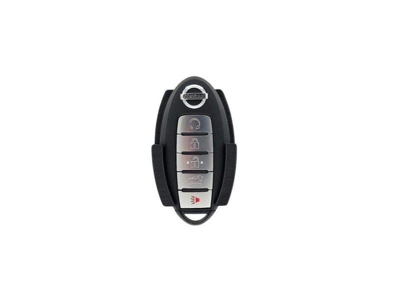 May include: A black car key fob with a silver Nissan logo and five buttons. The buttons are labeled with icons for unlock, lock, trunk, panic, and a car with a key.