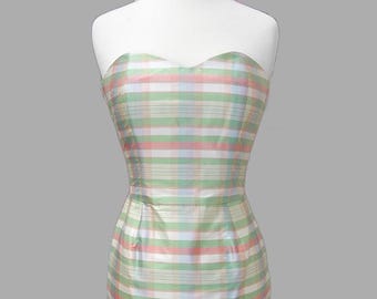 Vestido de primavera sin tirantes, vestido verde y rosa, vestido de primavera ajustado, vestido de primavera preppy, vestido preppy, vestido de fiesta de primavera talla 2