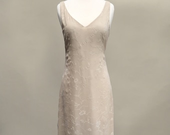 Champagne chiffon gown, A-line, V-neck, floral flocking with subtle sparkle