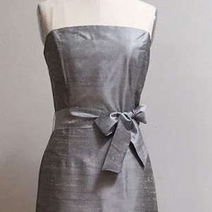 Silver strapless dress, tea-length dress, silver sheath, strapless silver dress, light grey bridesmaid dress, silver cocktail dress