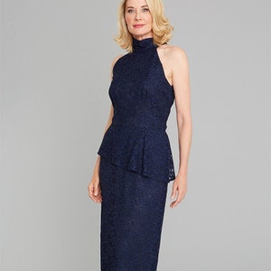 Navy gown, navy lace dress, high neck gown, size 6, mother of the bride gown, navy lace gown