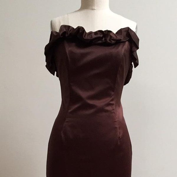 Chocolate brown dress, special occasion dress, silk satin dress, fitted evening dress, strapless dress with ruffle