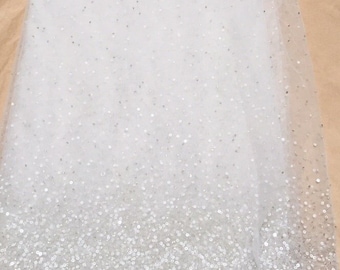 4.75 yd pc Beaded Tulle with  Border for Bridal Gown or Veil, Siri Fabric, Off white, Netting, sequins and beads