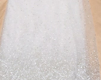 2.25 yd pc Beaded Tulle with  Border for Bridal Gown or Veil, Off white, Netting, sequins and beads; Siri Fabric