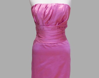 Vestito fucsia, vestito senza spalline rosa, vestito aderente in raso di seta rosa intenso, taglia 8
