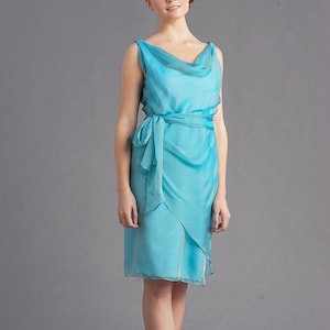 aqua chiffon dress, seablue silk chiffon dress, dress for beach wedding, mother of the bride, sea green cowl neck dress